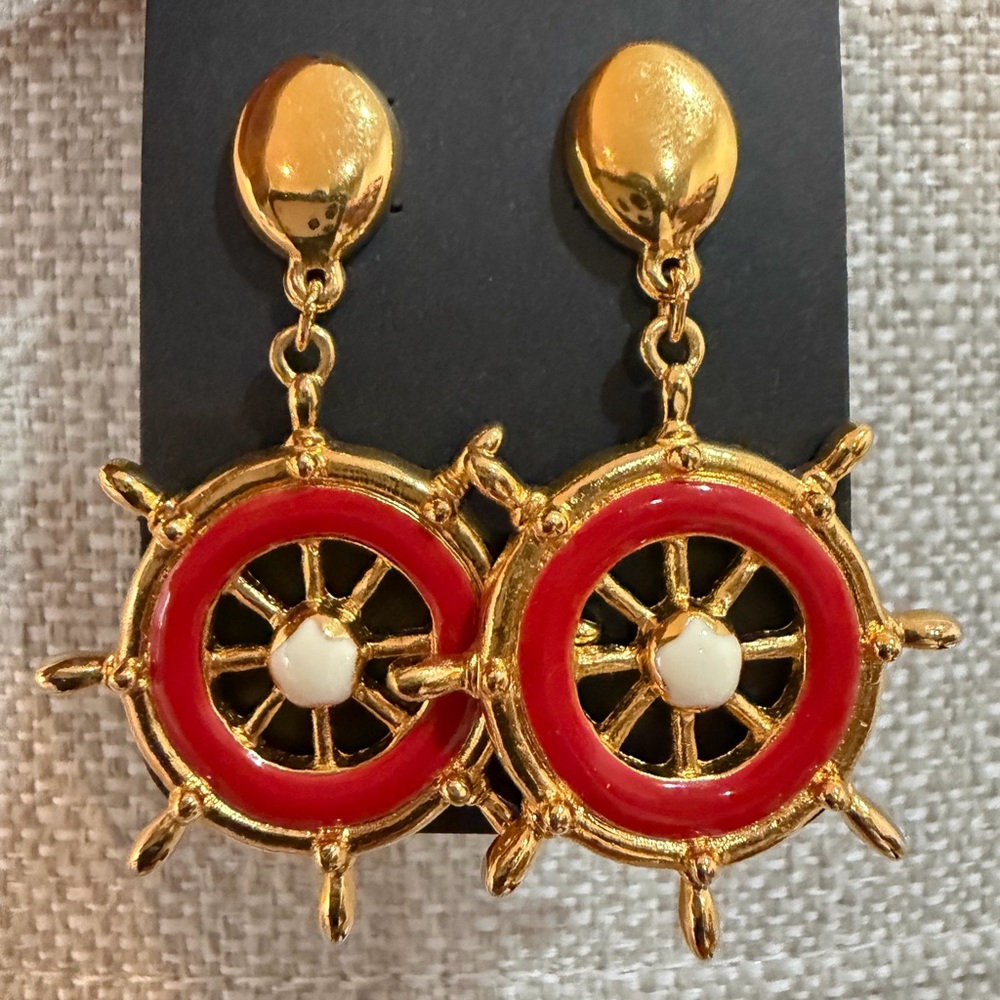 Avon Nautical Ship Wheel Goldtone Pierced Red Studs Dangle 2"
